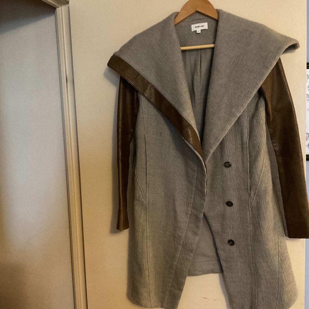 Helmut lang wool and lamb leather brown grey panel jacket size petit small